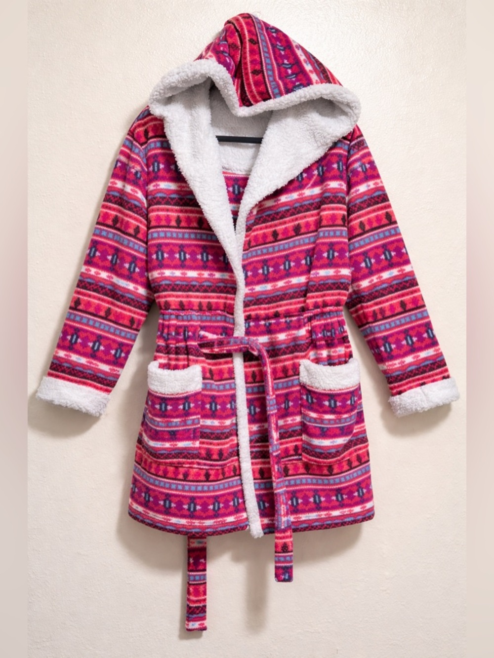 Cozy Holiday Hooded Fleece Robe Sherpa Lined Plush Lounge Wrap | Pink Belted 2X - Picture 2 of 5